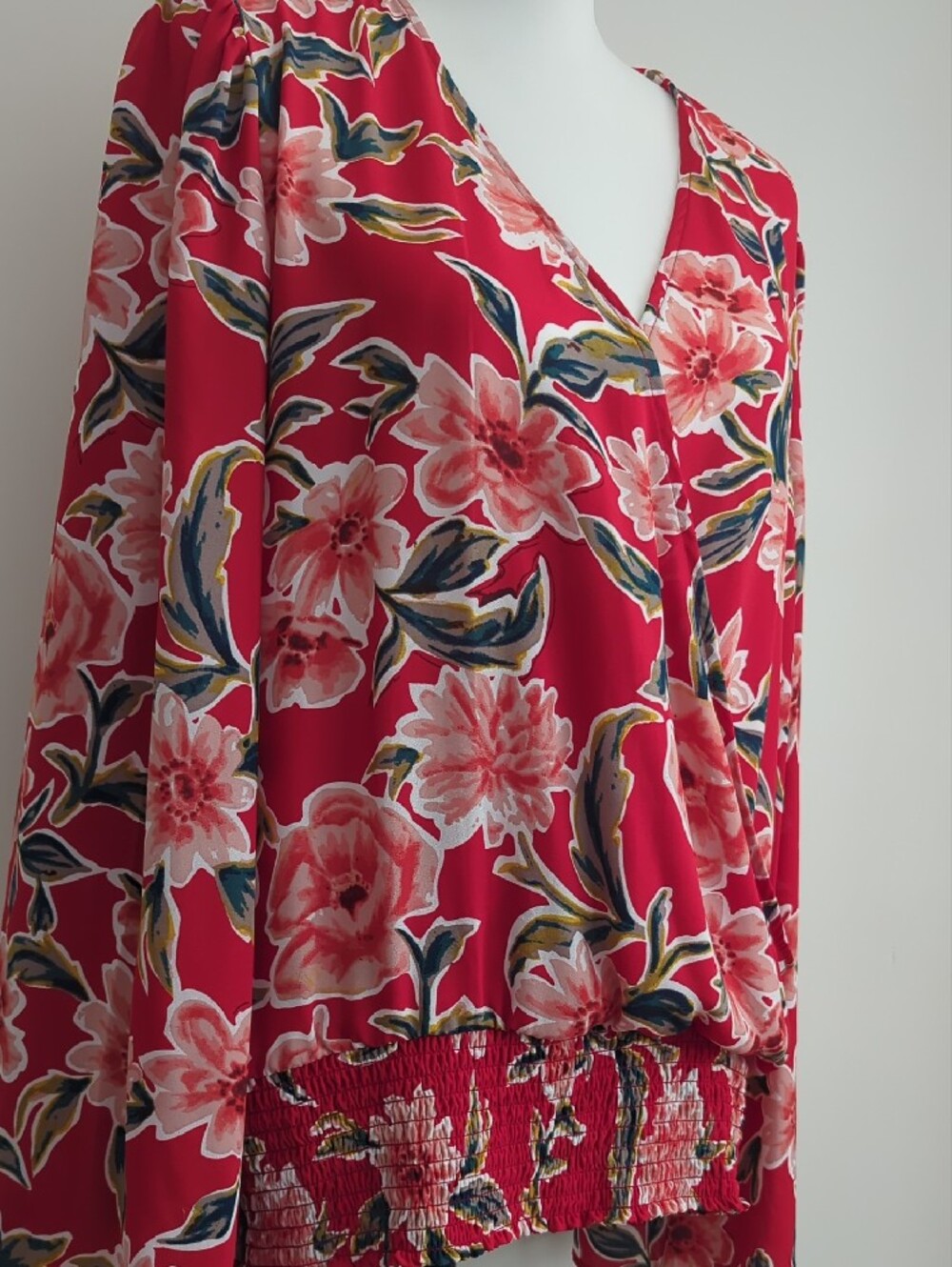 For The Republic Red Floral Faux-Wrap Blouse Smocked Waist V-Neck Long Sleeve